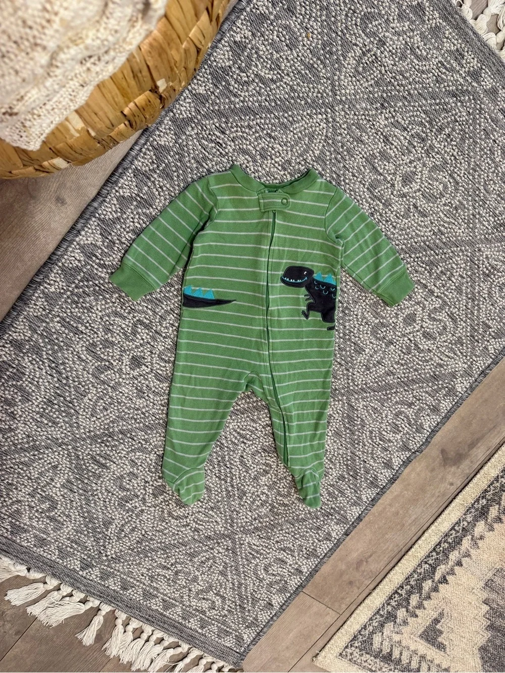 Carter's Baby Boy Footies Sleeper Green Striped Dino Footed One-Piece 6 Months